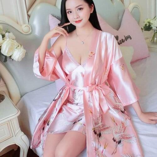 2PCS Pack Set Nightwear Bird Print Silk Satin Sleepwear Nightgown Bride Bath Robes Bathrobe Loungewear Shower Robe Night Dress