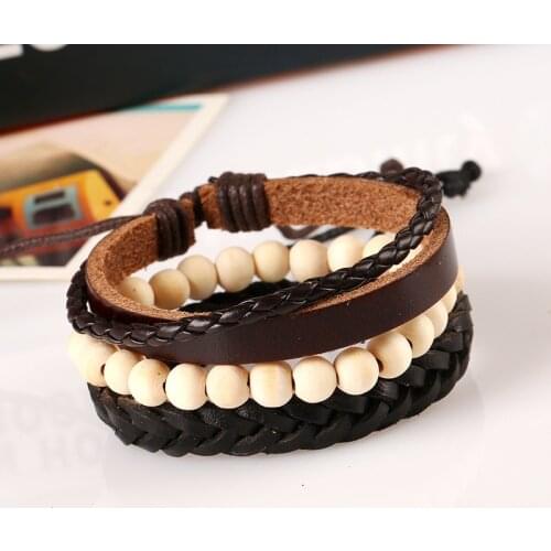 3pcs/set Vintage Women Bracelet Wood Beads Leather Braided Woven Wristband Simple Jewelry Accessories DIY Multi-layer Bangles