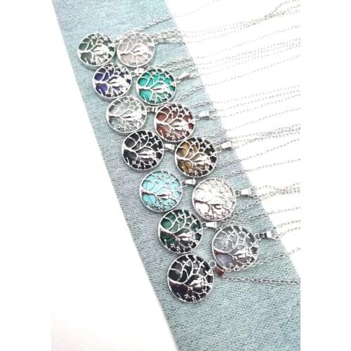 Tree of Life Owl Pattern Colorful Natural Stone Pendant Necklace Women Jewelry Pink Green Crystal Druzy Energy Stone