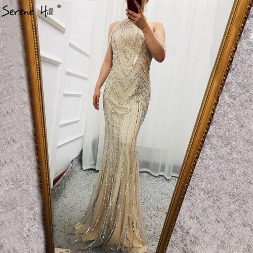 Dubai Silver Sexy Sleeveless Evening Dresses 2020 Luxury Halter Beading Sequins Mermaid Formal Dress Long LA6615