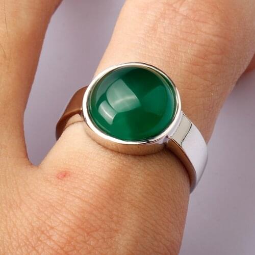 925 Sterling Silver Men Ring Classic Bezel Setting Round Green Round Natural Agate Stone for Men Women Lovers Wedding Jewelry