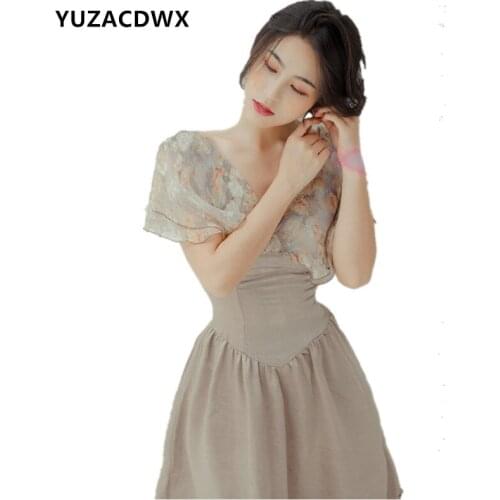 Summer dress 2019 Fashionable retro super fairy oil painting printed falbala dress with large v-neck