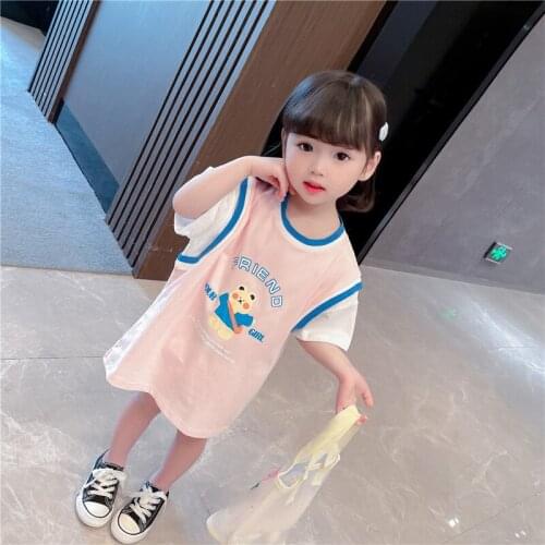 LISUNNY 2021 Summer Girls Dress Children Casual Dress Cartoon O-neck Bear Beach Dress Comfortable Kids Vacation Clothing