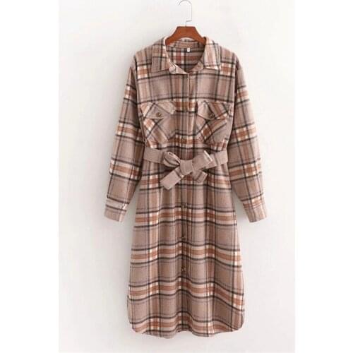 Merodi Women Vogue Plaid Woolen Long Outwear With Belt Winter Autumn Ladies Stylish Pockets High Waist Thick Slim Coats Chic