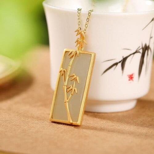 Original S925 Sterling Silver Gold Plated Natural Hetian Jade Gray Jade Pendant Ancient Style Chinese Style Creative Bamboo Join