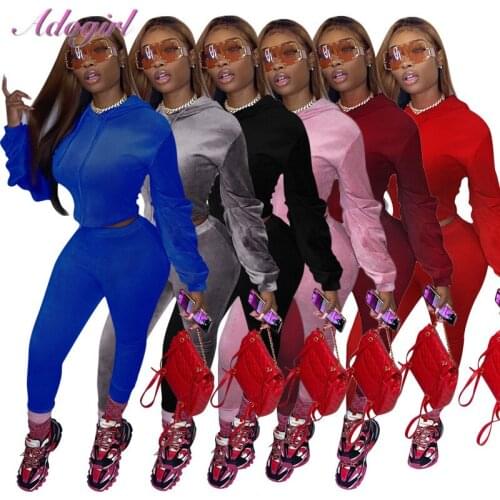 Autumn Velvet Two Piece Sets Women Solid Long Sleeve Drawstring Hoodies Sweatshirt Jogger Pants Suit Outfit Activewear Tracksuit