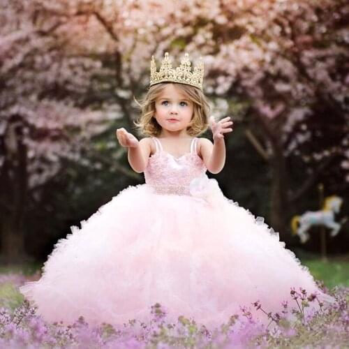 Blushing Pink Beauty Flower Girl Dress Sweetheart Applique Beaded-Sash Ruffles Tulle Pageant Dress 2017 Elegant Baby Girls Birth