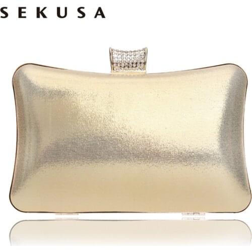 SEKUSA Simple Design Metal Diamonds Evening Bags Black/Gold/Silver Chain Shoulder Day Clutches Purse Evening Bags