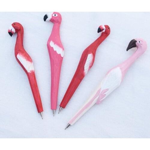 Pink Flamingo Ballpoint Biro Pen Handmade Carved Wood Animal Stationery Tropical Bird Craft Pen Party Favor Students Prize