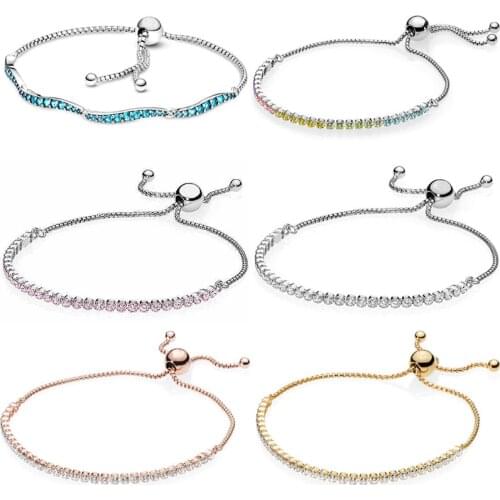Blue Wavy Slider Classic Tennis Sparkling Strand Adjust Bracelet 925 Sterling Silver Bangle Fit Pandora Bead Charm Diy Jewelry