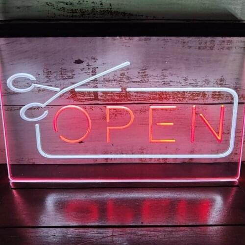 SS049 OPEN Scissors Haircut Displays Dual Color LED Neon Sign