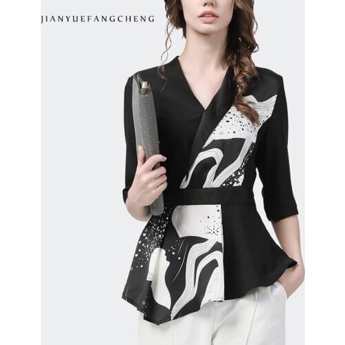 Fashion Ladies V-Neck Tops Summer New Color Spliced High Waist Slim Elegant Half Sleeve Black Outwear Women Casual Office Shirts