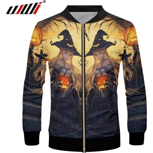 UJWI Halloween New Man 3D Printed Anime Doll And Flame Pumpkin Best Selling Personality Loose Mens Zip Jacket