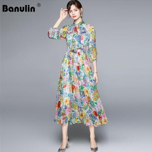 Banulin Summer Runway Floral Midi Party Dinner Dresses Elegant High Waist Bow Sashes Chiffon Boho Dress Elbise Plus D N77029
