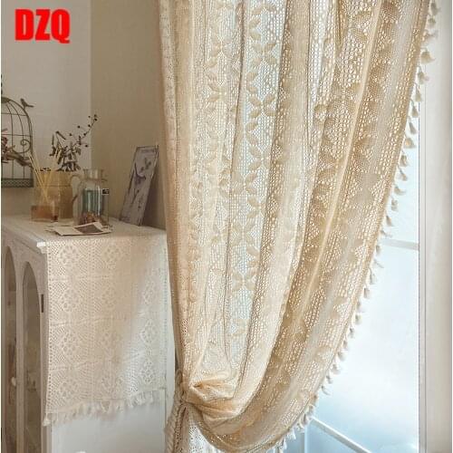 Vintage Cotton Thread Woven Crochet Curtain Beige Hollow Tassel Finished Tulle Curtain for Living Room Bedroom
