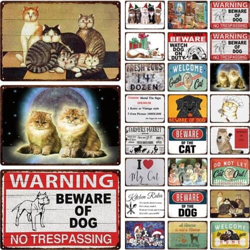 Vintage Animals Metal Beware of Cat Dog Tin Signs Poster Retro Farm Plaque Pub Bar Garden House Painting Man Cave Decor 3Cda-36