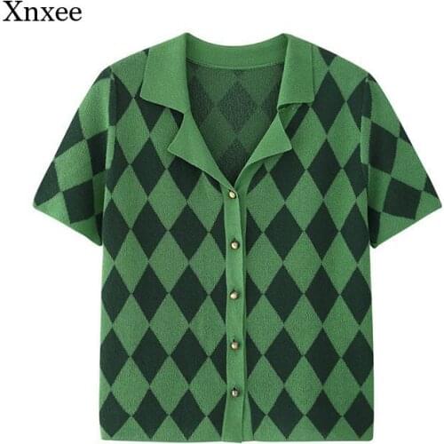 Turn Down Collar Plaid T Shirt Summer Knitted Cardigan Women Short Sleeve Tops Single Breasted Vintage Green Shirts Knitwear