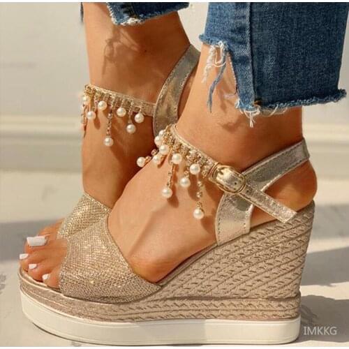 Women Wedge Sandals 2021 New Summer Bead Studded Platform Sandals Buckle Strap Peep Toe Thick Bottom Casual Shoes Ladies