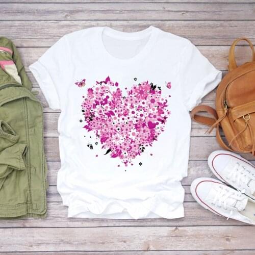 Womens T-shirts Ladies Butterfly Love Heart Valentine Fashion Flower Floral Women Print Ladies Top T Graphic Female Tee T-Shirt