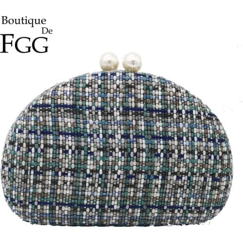 Boutique De FGG Woven Knitted Women Clutches Evening Purses and Handbags Pearls Clasp Ladies Fashion Chain Shoulder Bags