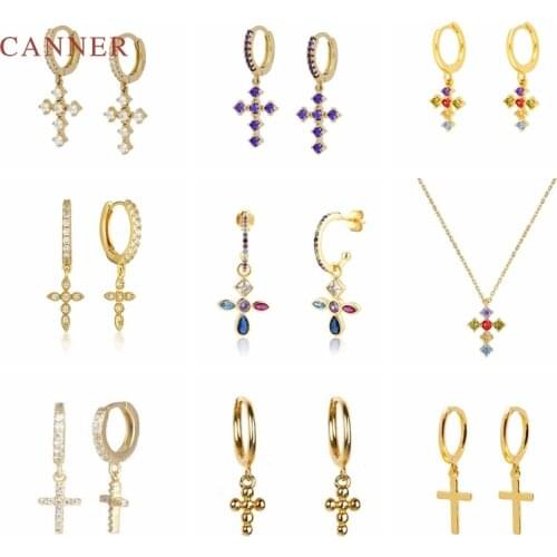 CANNER Real 925 Sterling Silver Earrings For Women Pearl French Cross Lightning Earrings Hoops Three Zircon Diamond Jewelry