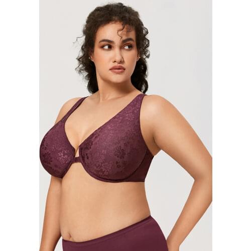 Womens Plus Size Unlined Racerback Bra Jacquard Underwire Front Closure Bras T-shirt Non-padded Floral