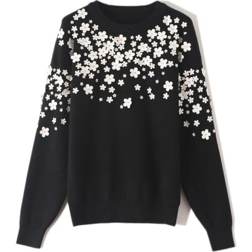 Oversized Black Sweater Handmade 3D Soft Floral Beaded Casual Knitted Underwear 2020 Winter New Women Sweaters And Pullovers