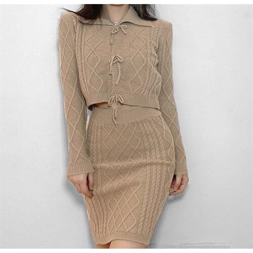 Women Knitted Long Sleeve Bodycon Two Piece Skirt Set Lady Chic Vintage Solid Cardigan Sweater+Pencil Skirt Suit knitted Clothes