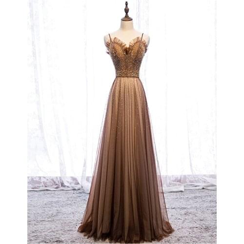 Sweetheart Brown Evening Dress Robe De Soiree Spaghetti Strap Tulle With Beads Evening Dresses Long Dress 2020 Vestido De Festa