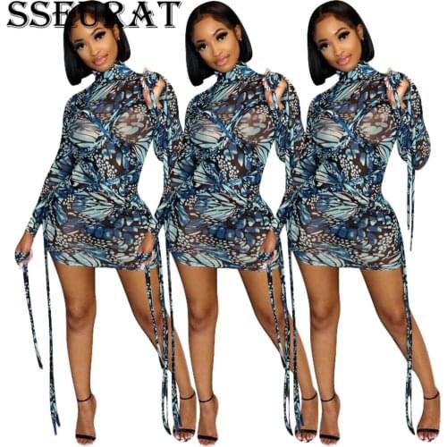 SSEURAT Women Mini Dress Fashion Mesh Print Lace Up Long Sleeve Dresses Sexy Night Clubwear Fall Outfits