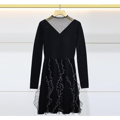 Autumn Winter Sexy Lady Party Official Occasion Black Knitted Dress Mesh Patchwork Ruffles Slim Fitting Robe Vestido Elegant