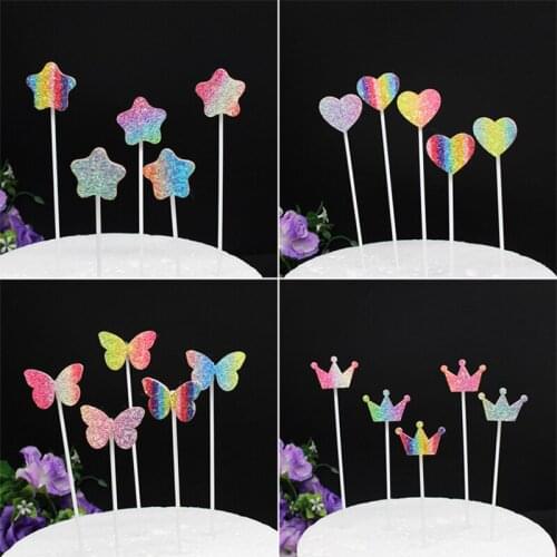 1bag/4bags DIY Rainbow Heart Star Crown Butterfly Cake Decor Ice-cream Cupcake Toppers Picks Kids Birthday Party Dessert Decor