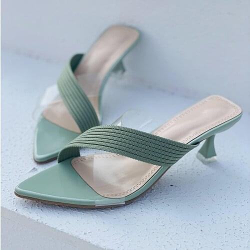 2021 New Summer Slippers Low Heels Shoes Slides Female Pionted Toe Slipper Transparent Cross-strap Sandals Women Slippers Party