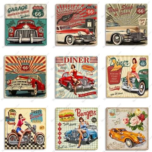 Car Decorative Plate Retro Poster Classic Car Metal Plate Rusty Metal Tin Sign Garage Metal Poster Club Pub Bar Home Wall Decor