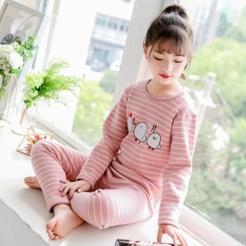 H5729 Girl Plus Velvet Pajamas Teenager Winter Autumn Thermal Sleepwear Long Sleeve Round Collar Thickened Comfortable Nightwear