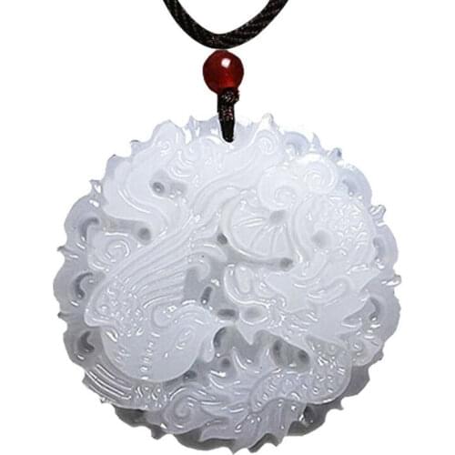 China Natural Hetian White Jade Hand-carved Pendant Dragon phoenix Necklace