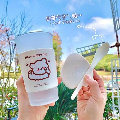Creative-Cute Bear Coffee Cup With Spoon Home Girl Hot Drink Frosted Glass Water Cup With Cup Sleeve Summer Cold Water Bottle