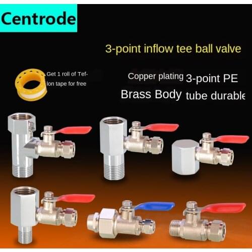Brass Water Purifier Three Through The Filter Inlet Tee 1/2inch To 3/8inch Ball Valve Connector RO Pure Water Machine