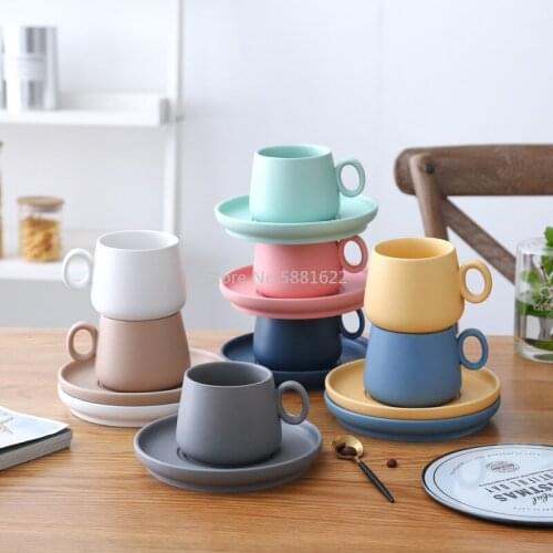 Macaron Matte Frosted Ceramic Coffee Cup and Saucer Mug Breakfast Cup and Saucer Couple Water Cup Big Belly Cup