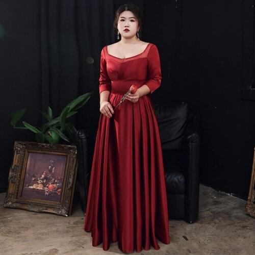 Evening Dress Burgundy O-Neck A-Line Empire Full Sleeves Simple Ruched Floor-Length Lace Up Plus Size Women Formal Gowns D1249