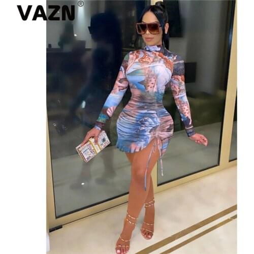 VAZN New Special Design Fashion Irregular Chic Ladies Slim Holiday Dress 2020 Full Sleeve High Neck Lady Dress