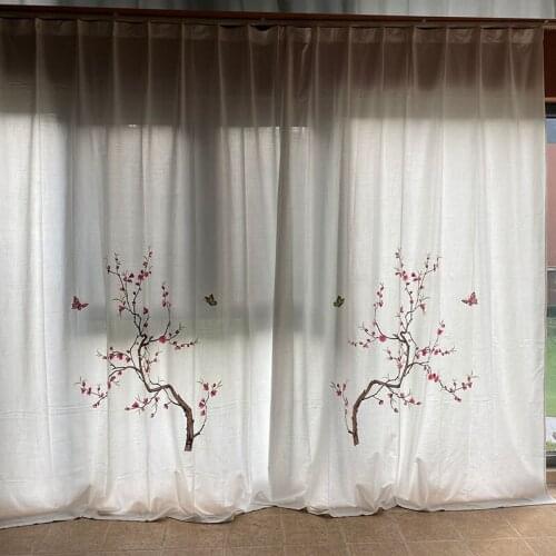 Fresh Cotton Linen Embrodiery Curtains Peach Blossom Butterfly Cortina Semi-blackout Curtains for Living Room Blinds Curtains