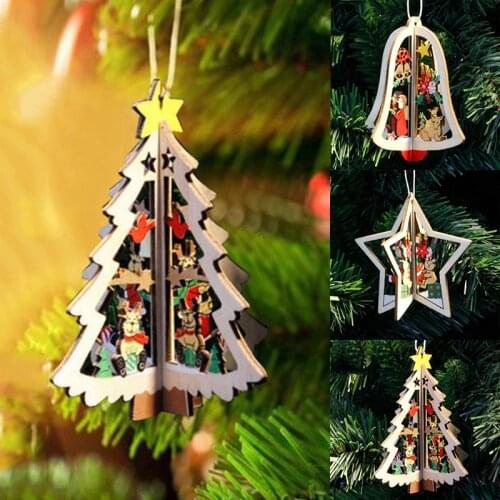 Christmas Tree Hanging Pendant Ornaments 3D Wooden Xmas Tree Star Clock Merry Christmas Decorations for Home Xmas New Year Party