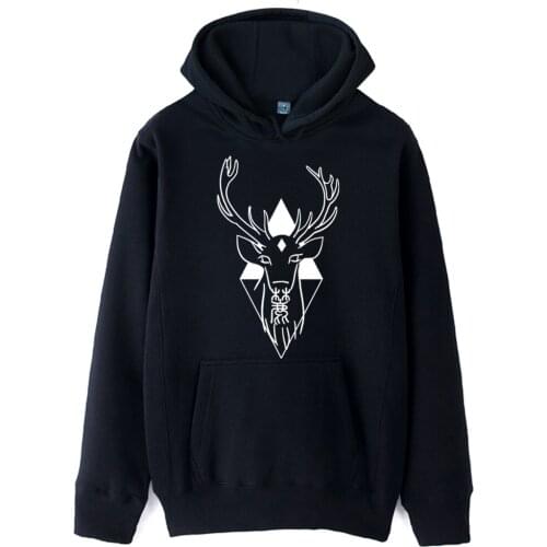 Buck Deer Horns Antlers Chinese Calligraphy Geometric Triangle Diamond Gir Woman Hoodie Clothes Autumn Winter Fleece ZIIART