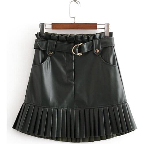 Stylish Chic Green Leather Skirts with Belt Women Fashion Casual PU Leather Skirt Elegant Ladies Pleated Mini Skirts