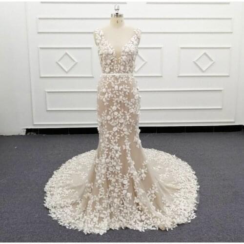 Appliques Court Train Mermaid V-neck Wedding Dresses 2021 Luxury Belt 3D Flower Zipper Bridal Gown vestido de noiva SJ562