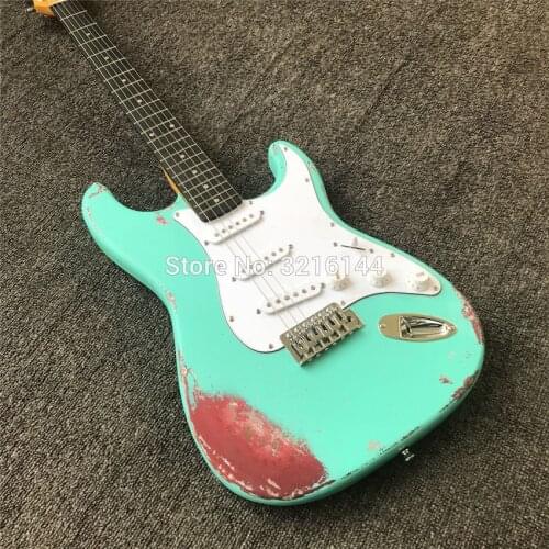 Stock inventory, antique relic electric guitar, green, amoeba stickers. Real photos, free shipping