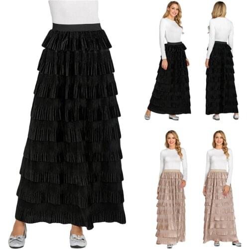 Velvet Skirt For Women Elegant Long Maxi Skirt High Waist Tiered Skirt Ruffle Muslim Pleated Layered Skirt Islamic Bottom Casual