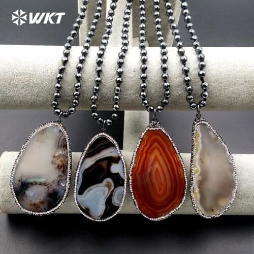 WT-NV176 WKT Fashion Charming Necklace Hematite Black Beads Necklace With Rhinestone Pave Stone Slice Pendant Women Necklace
