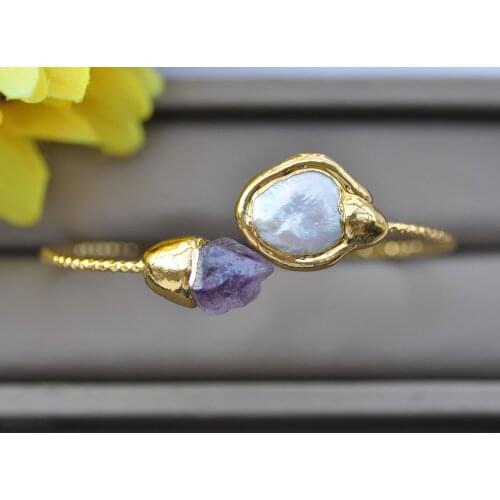 Z10587 20mm White Coin Pearl Natural Amethyst Gold-plating Bangle Bracelet